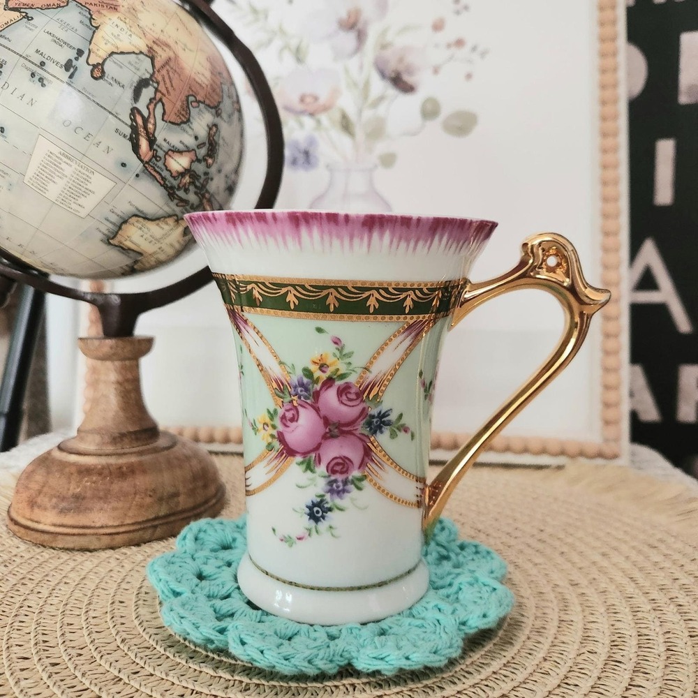 Nantucket Home Porcelain Mug Gold Handle Floral Rose Green Trim Elegant